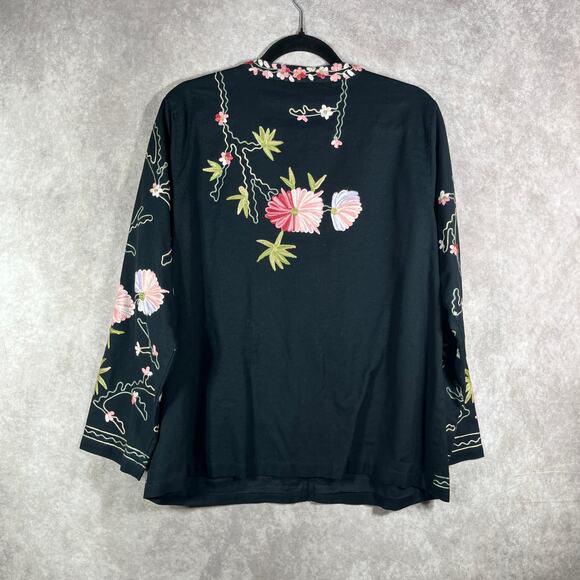 Bedford Fair Cardigan Sweater Womens Size PL Black Floral Embroidered Button Art - Picture 4 of 7